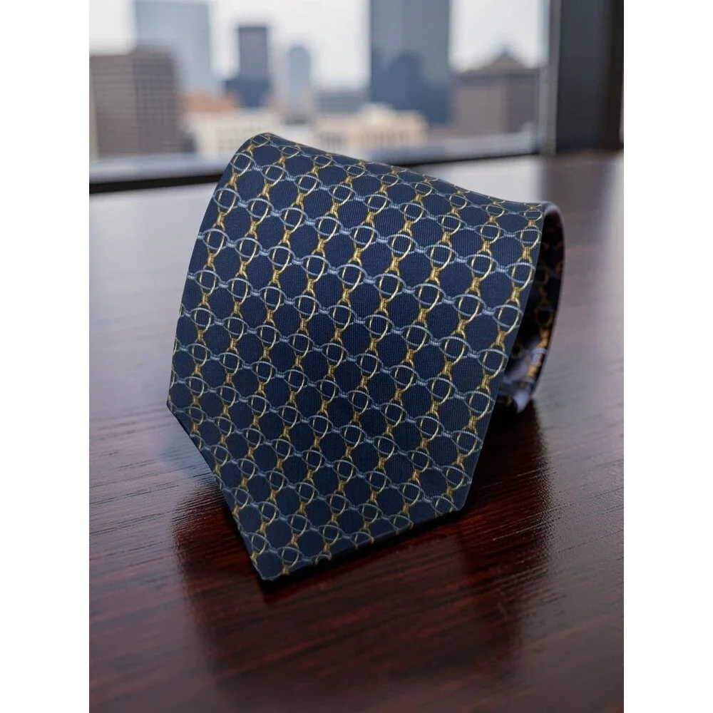 Brooks Brothers Makers Silk Tie Navy Blue Gold Horsebit Equestrian 57.25” x 3.75